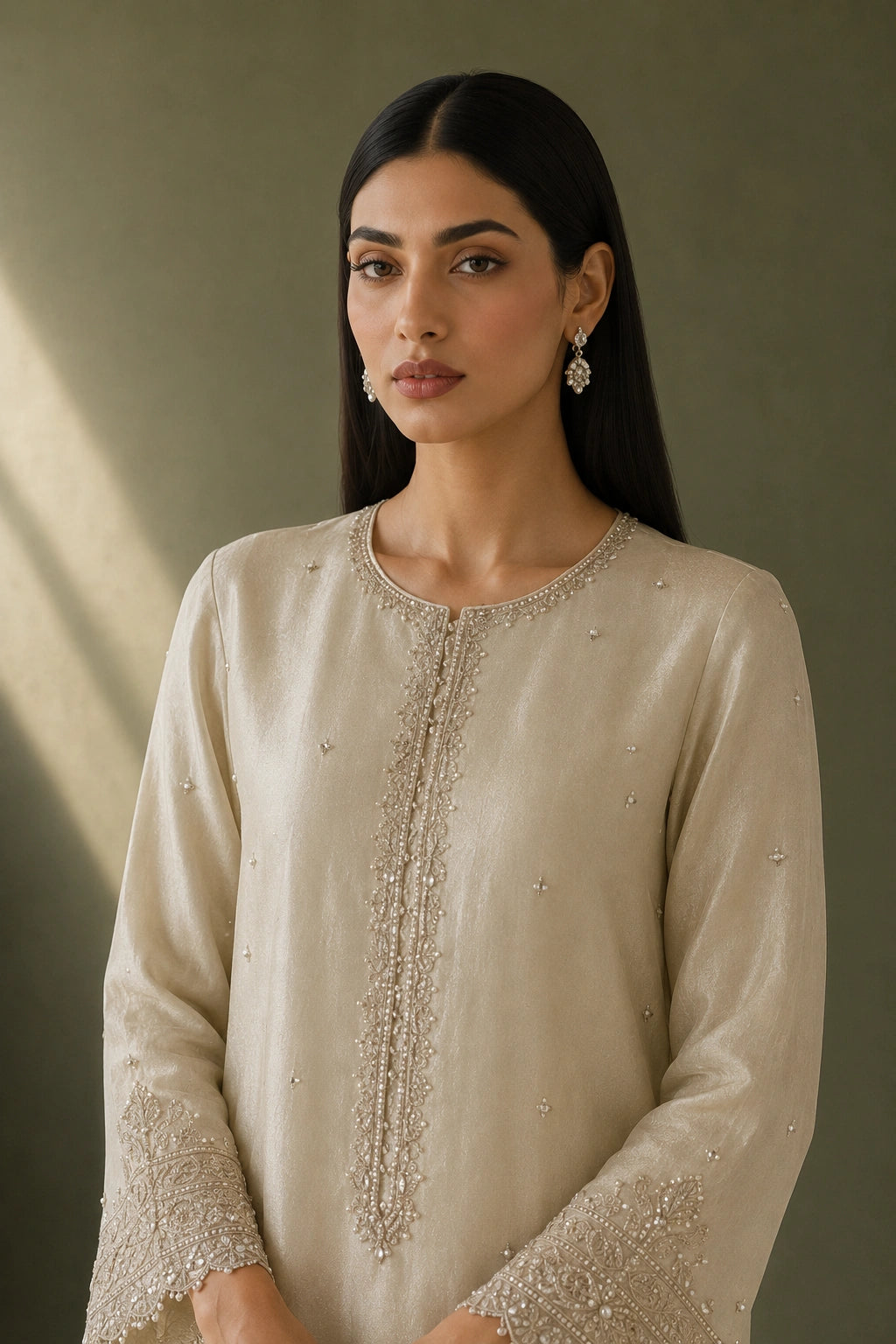 Éloise Ivory by Miraam in luxury sheesha silk featuring delicate embroidery and an embroidered organza dupatta.