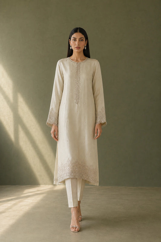 Éloise Ivory by Miraam in luxury sheesha silk featuring delicate embroidery and an embroidered organza dupatta.