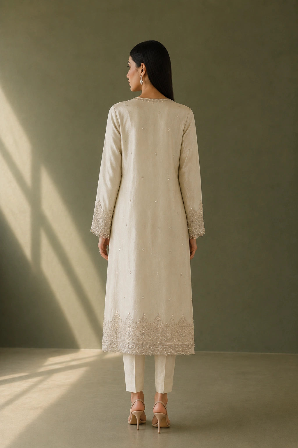 Éloise Ivory by Miraam in luxury sheesha silk featuring delicate embroidery and an embroidered organza dupatta.