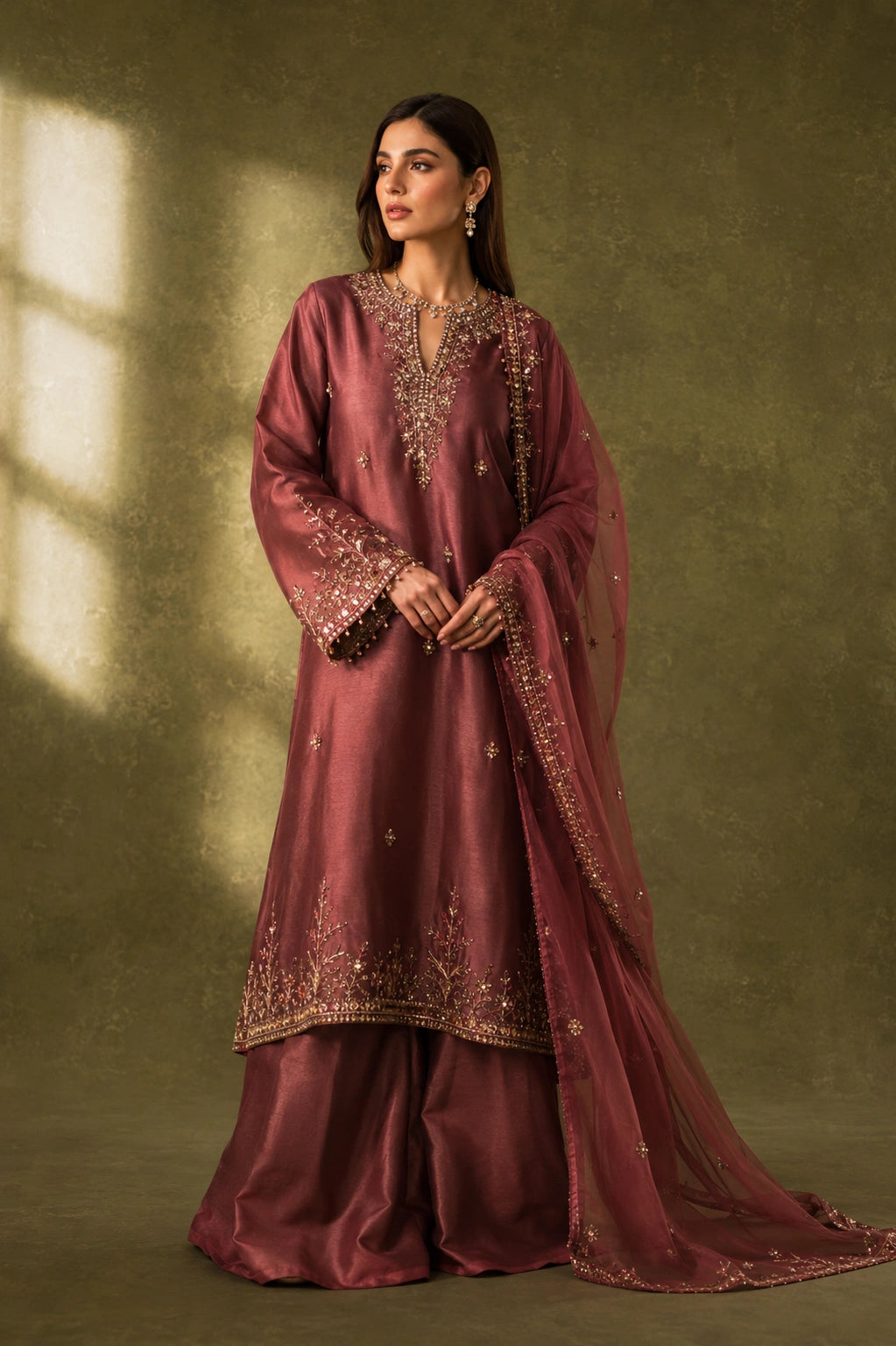 Roselle Plum luxury sheesha silk formal by Miraam featuring a deep plum embroidered shirt, matching palazzo and embroidered organza dupatta.