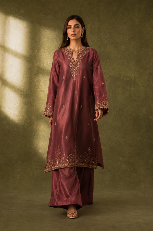 Roselle Plum luxury sheesha silk formal by Miraam featuring a deep plum embroidered shirt, matching palazzo and embroidered organza dupatta.