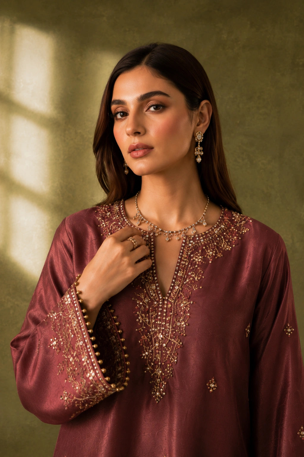 Roselle Plum luxury sheesha silk formal by Miraam featuring a deep plum embroidered shirt, matching palazzo and embroidered organza dupatta.