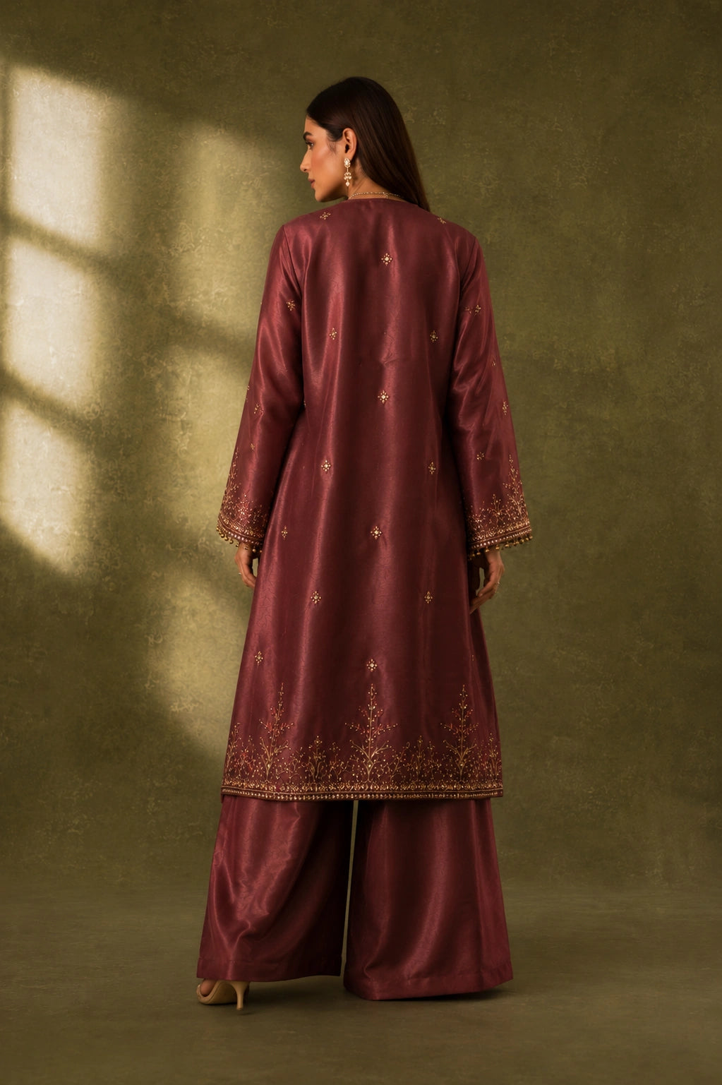 Roselle Plum luxury sheesha silk formal by Miraam featuring a deep plum embroidered shirt, matching palazzo and embroidered organza dupatta.