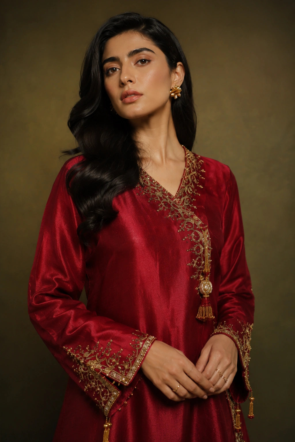 Rouge Celeste by Miraam featuring a ruby crimson asymmetrical sheesha silk shirt with palazzo trousers and an embroidered organza dupatta.