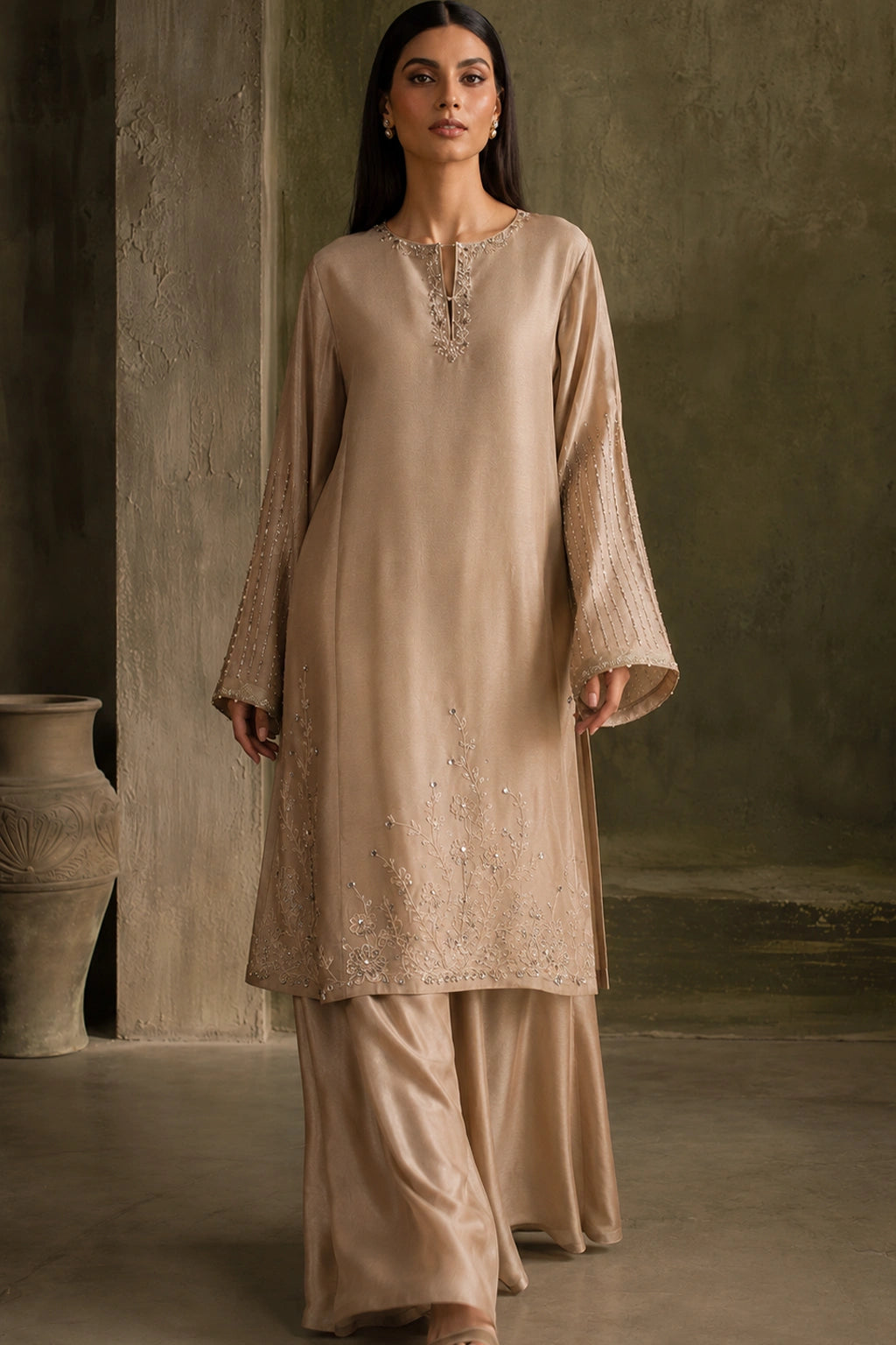 Sable Noire by Miraam featuring a warm sand beige sheesha silk shirt with palazzo trousers and an embroidered organza dupatta.
