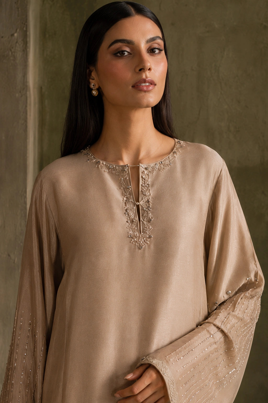 Sable Noire by Miraam featuring a warm sand beige sheesha silk shirt with palazzo trousers and an embroidered organza dupatta.