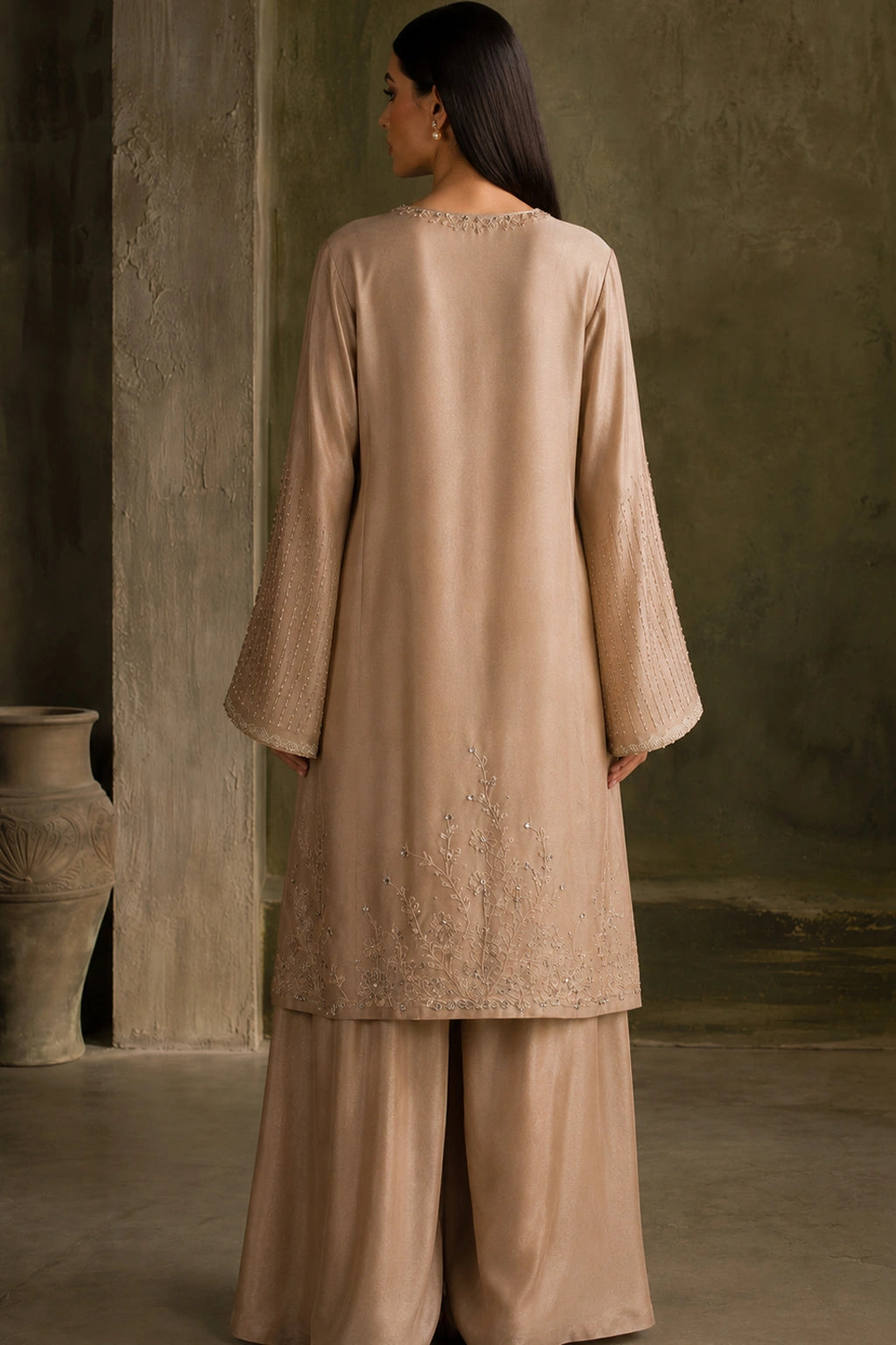 Sable Noire by Miraam featuring a warm sand beige sheesha silk shirt with palazzo trousers and an embroidered organza dupatta.