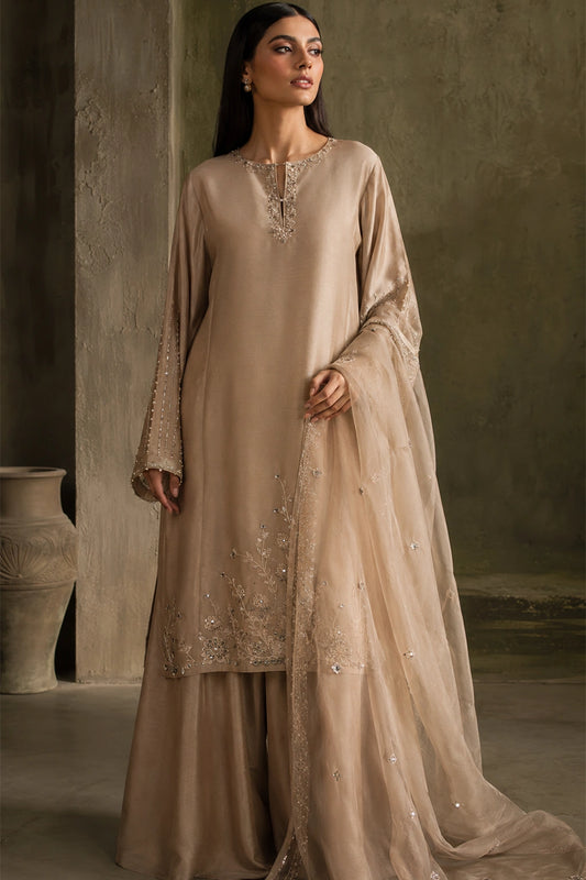 Sable Noire by Miraam featuring a warm sand beige sheesha silk shirt with palazzo trousers and an embroidered organza dupatta.