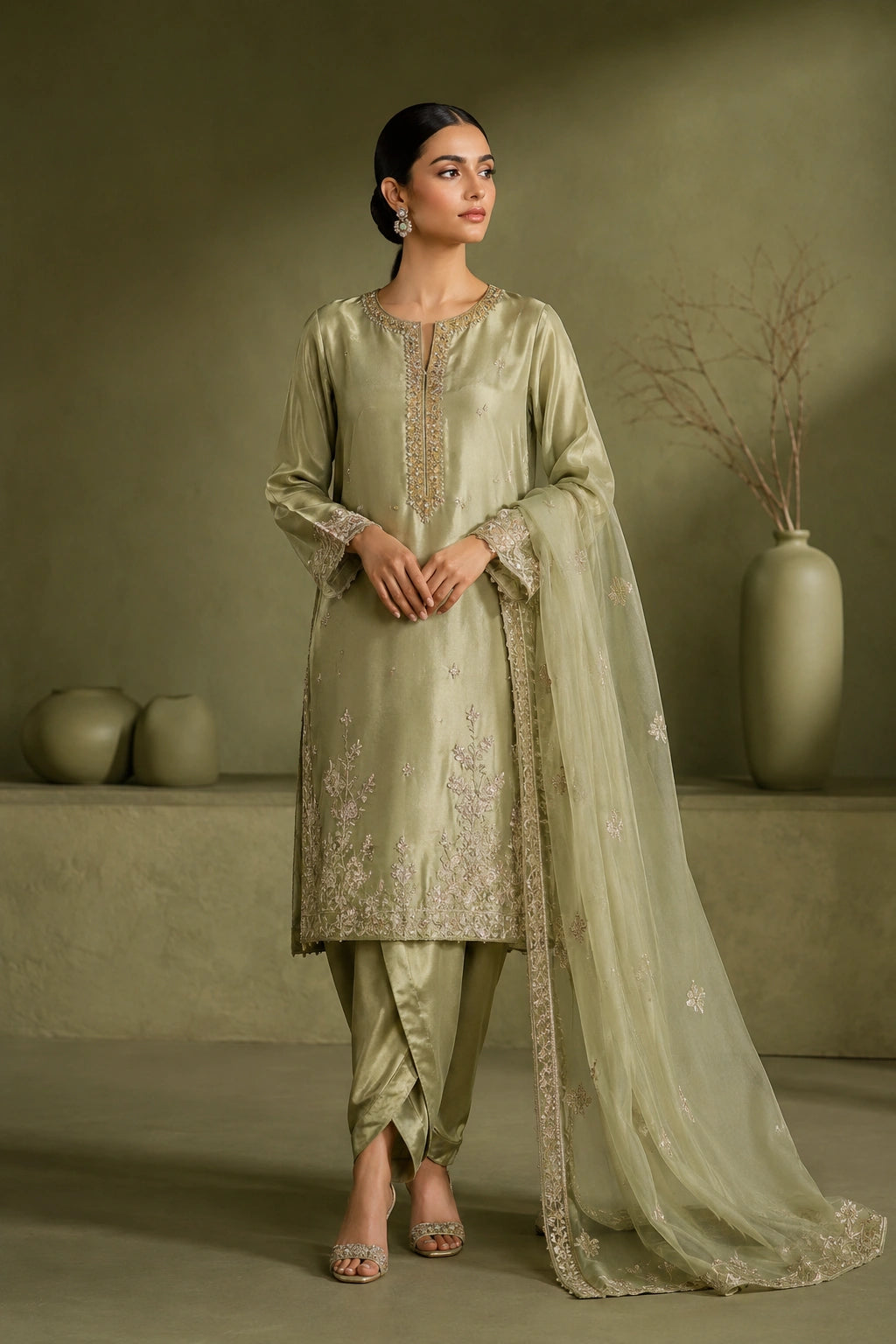 Sage Élise by Miraam featuring a soft sage green sheesha silk embroidered shirt with tulip trousers and an embroidered organza dupatta.