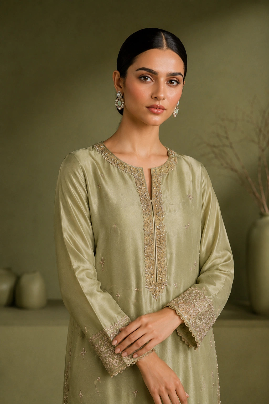 Sage Élise by Miraam featuring a soft sage green sheesha silk embroidered shirt with tulip trousers and an embroidered organza dupatta.