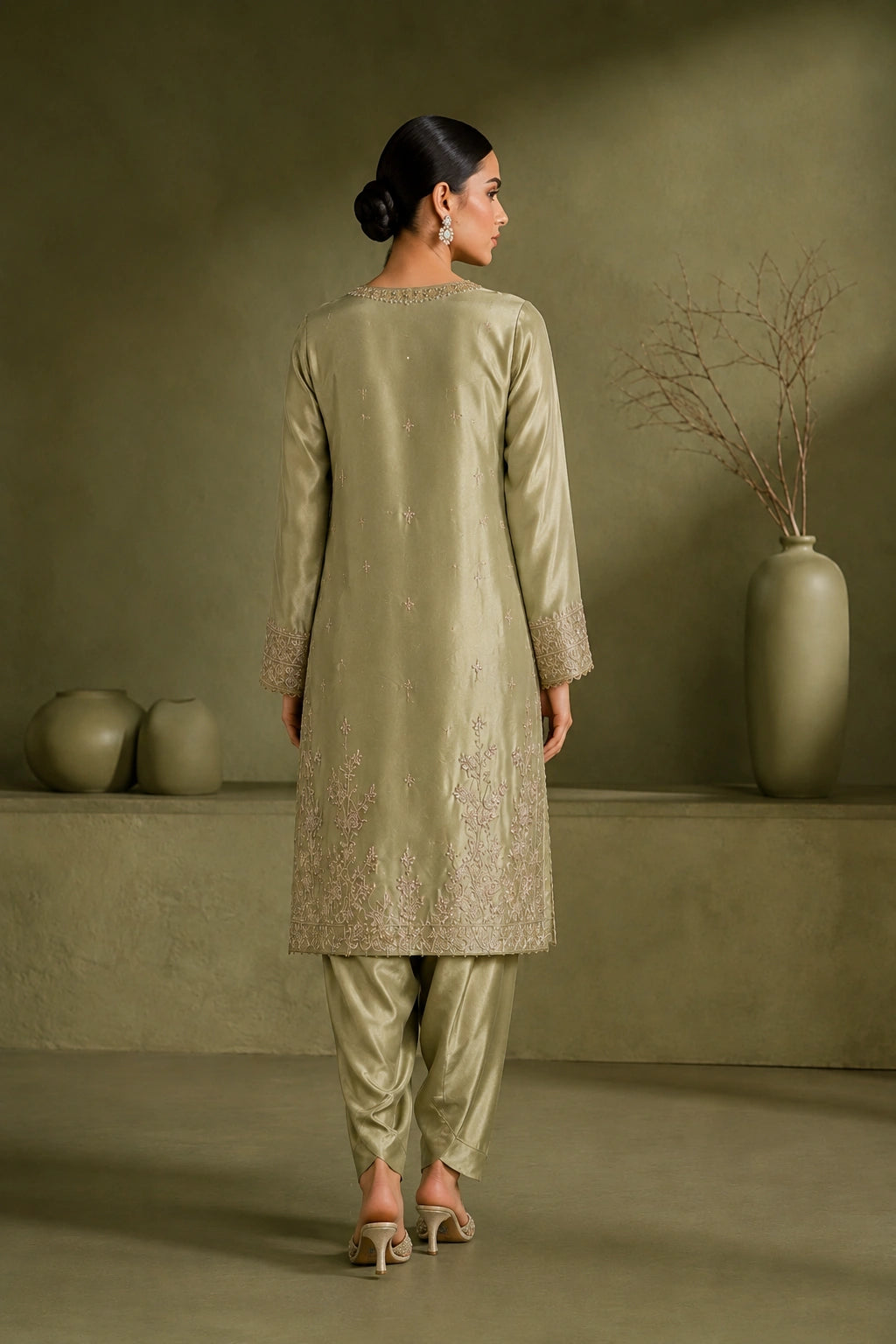 Sage Élise by Miraam featuring a soft sage green sheesha silk embroidered shirt with tulip trousers and an embroidered organza dupatta.