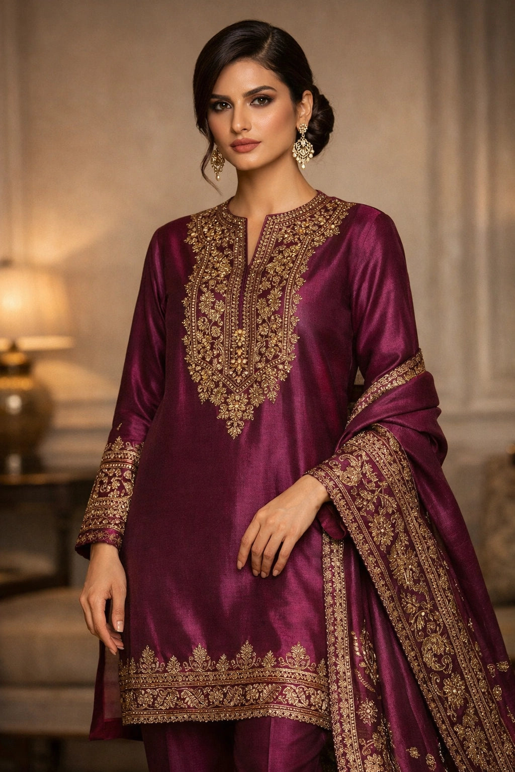 “Miraam Gulbahaar Anar Plum pure raw silk festive outfit with embroidered neckline and matching dupatta”