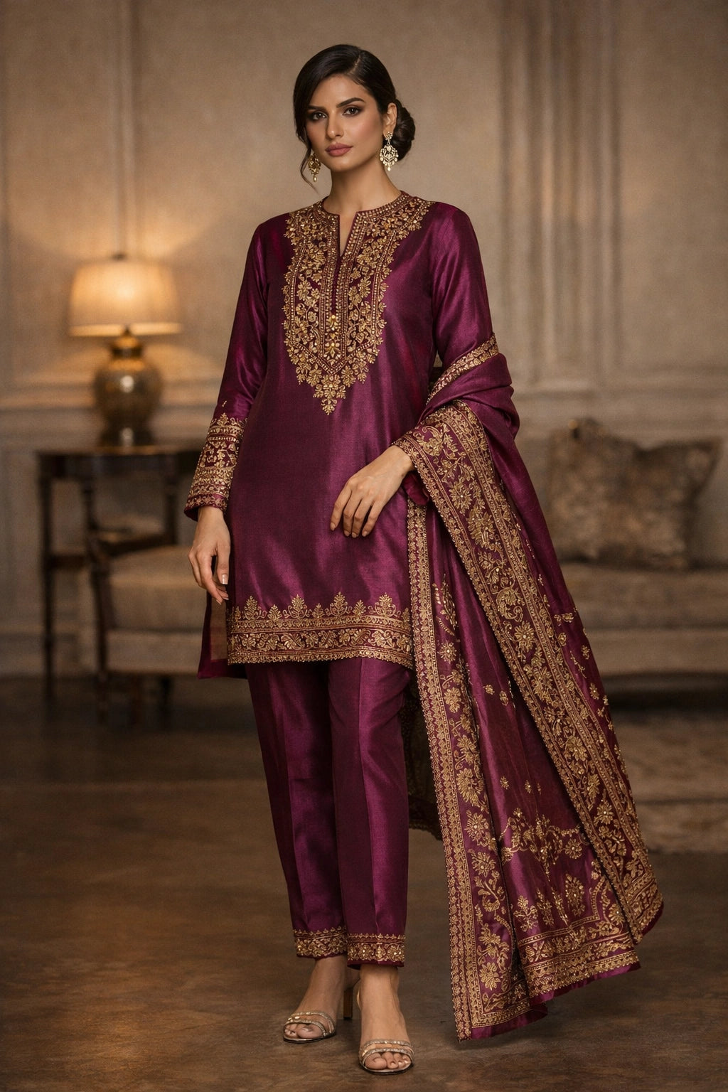 “Miraam Gulbahaar Anar Plum pure raw silk festive outfit with embroidered neckline and matching dupatta”