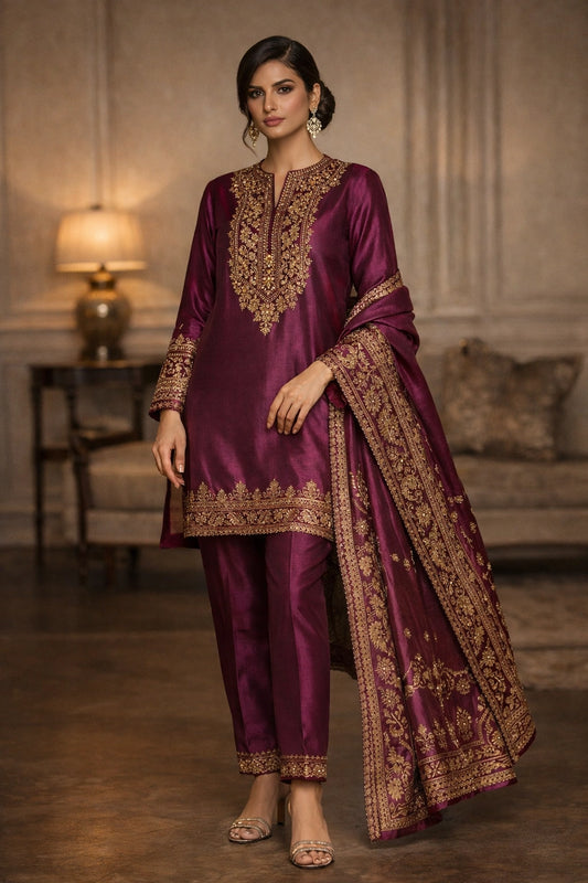 “Miraam Gulbahaar Anar Plum pure raw silk festive outfit with embroidered neckline and matching dupatta”