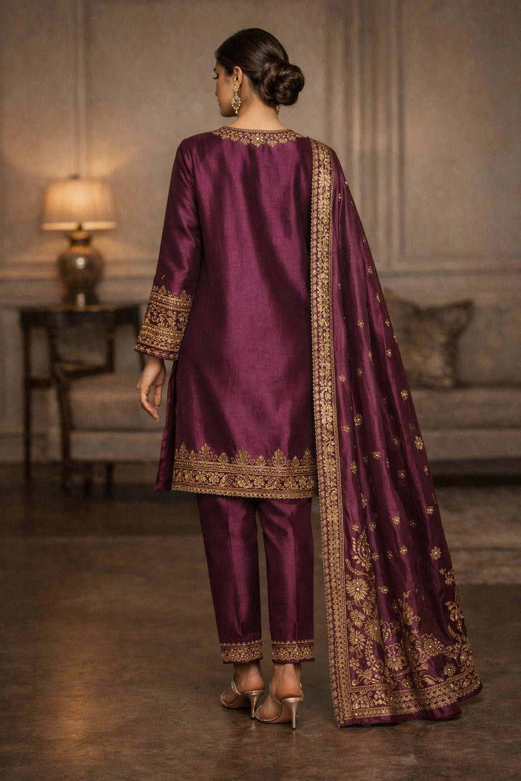 “Miraam Gulbahaar Anar Plum pure raw silk festive outfit with embroidered neckline and matching dupatta”