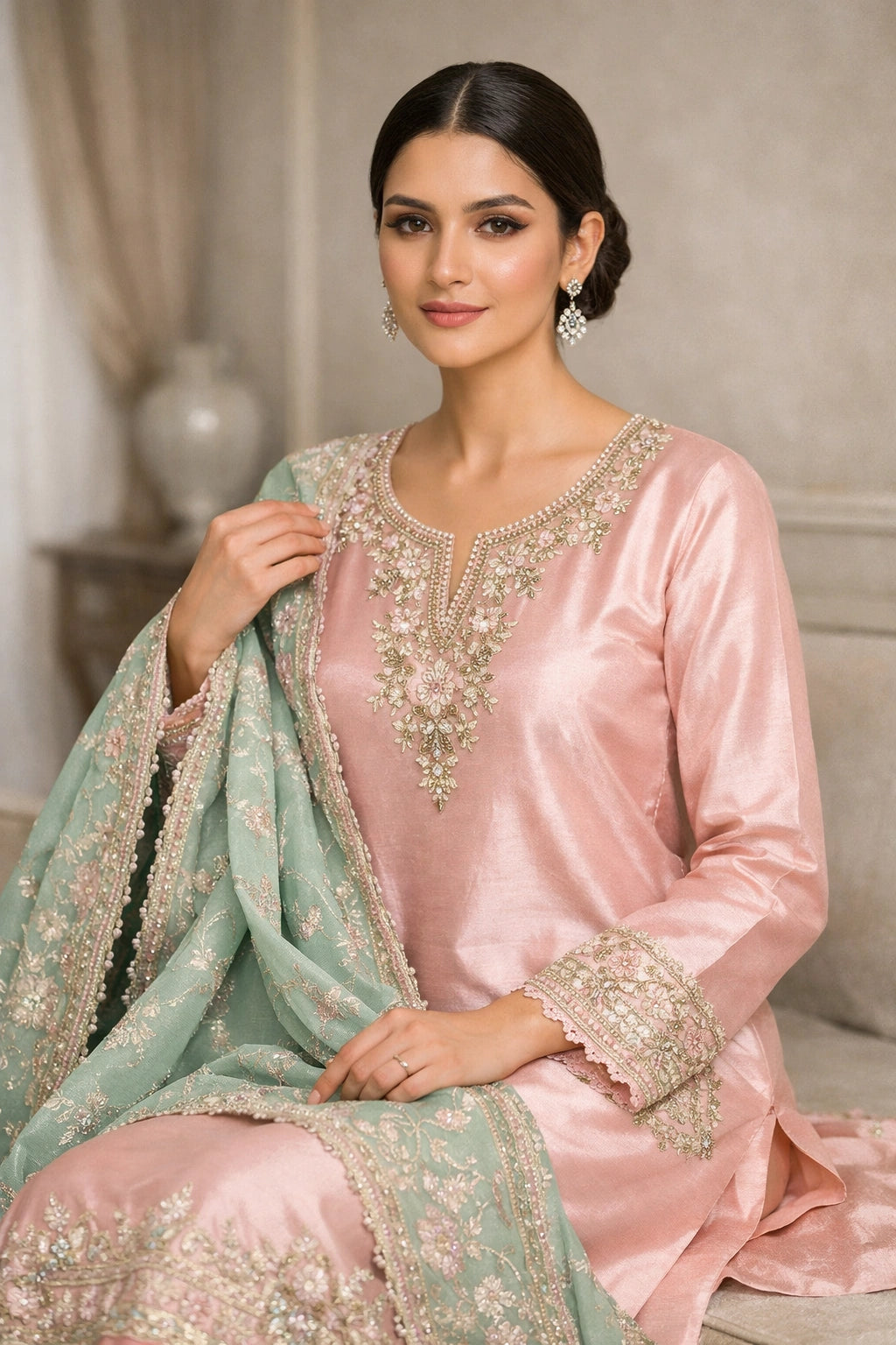 “Gulbahaar Mehr Pink pure raw silk festive outfit with delicate embroidery and contrasting embroidered dupatta by Miraam”