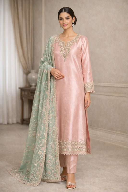 “Gulbahaar Mehr Pink pure raw silk festive outfit with delicate embroidery and contrasting embroidered dupatta by Miraam”