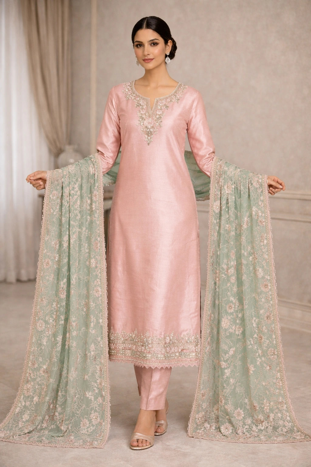 “Gulbahaar Mehr Pink pure raw silk festive outfit with delicate embroidery and contrasting embroidered dupatta by Miraam”
