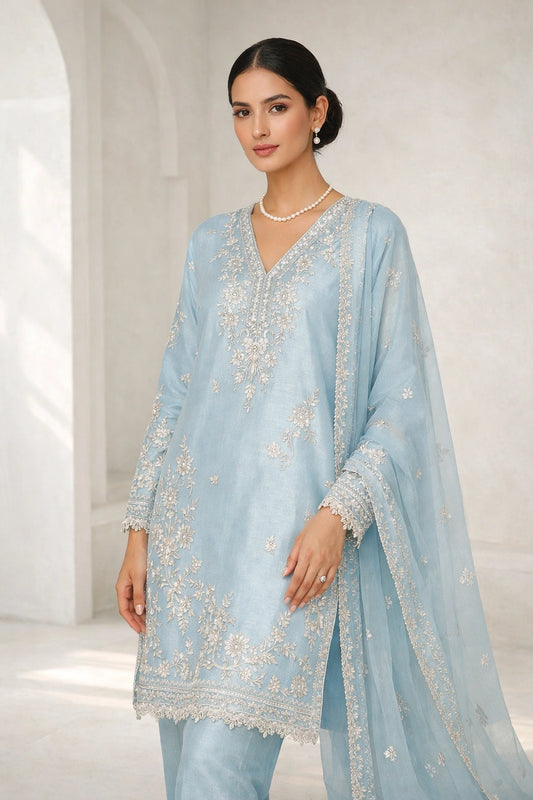 “Gulbahaar Neelam Blue pure raw silk festive outfit with delicate embroidery and sheer dupatta by Miraam”