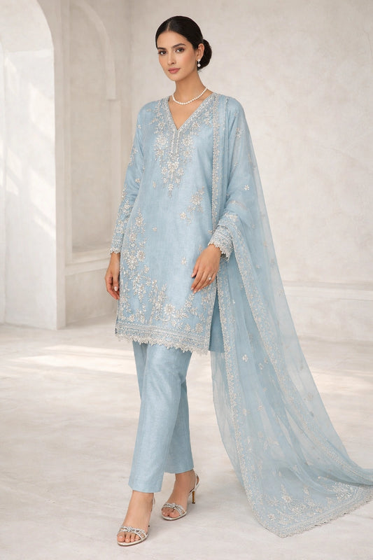 “Gulbahaar Neelam Blue pure raw silk festive outfit with delicate embroidery and sheer dupatta by Miraam”