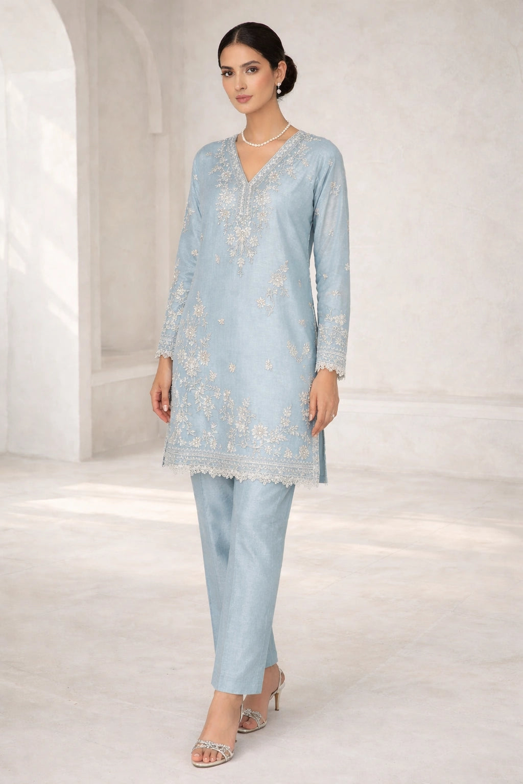 “Gulbahaar Neelam Blue pure raw silk festive outfit with delicate embroidery and sheer dupatta by Miraam”