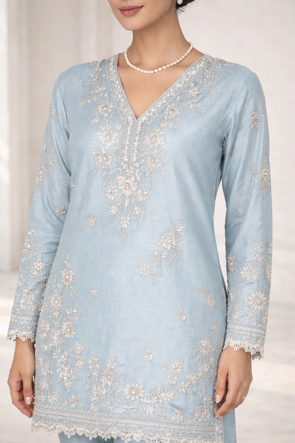 “Gulbahaar Neelam Blue pure raw silk festive outfit with delicate embroidery and sheer dupatta by Miraam”