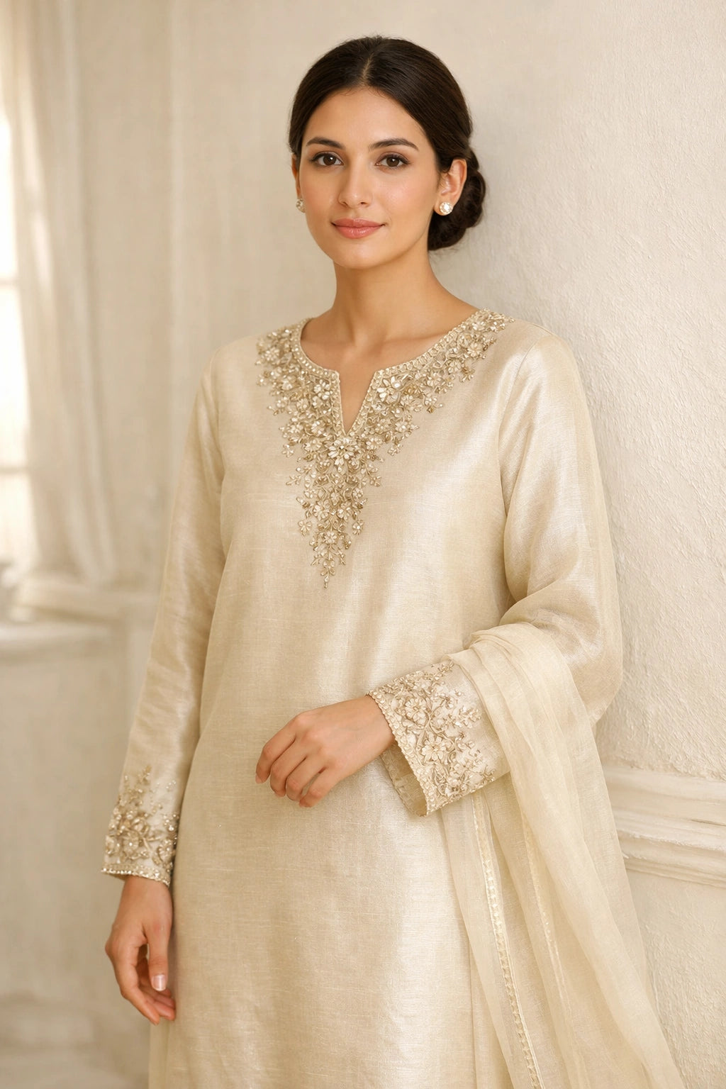 “Miraam Gulbahaar Noor Ivory pure raw silk festive outfit with delicate embroidered neckline and sheer dupatta”
