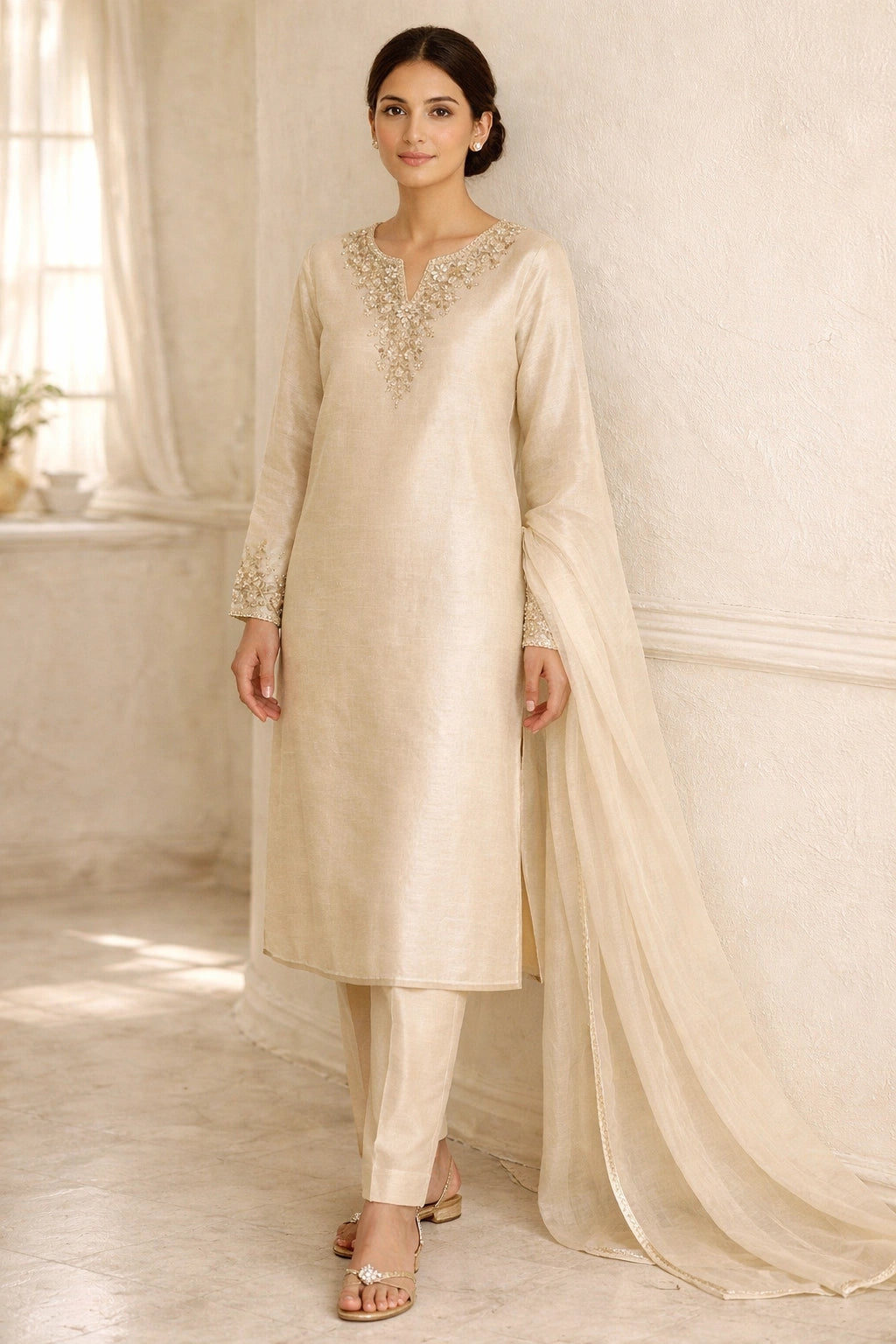 “Miraam Gulbahaar Noor Ivory pure raw silk festive outfit with delicate embroidered neckline and sheer dupatta”