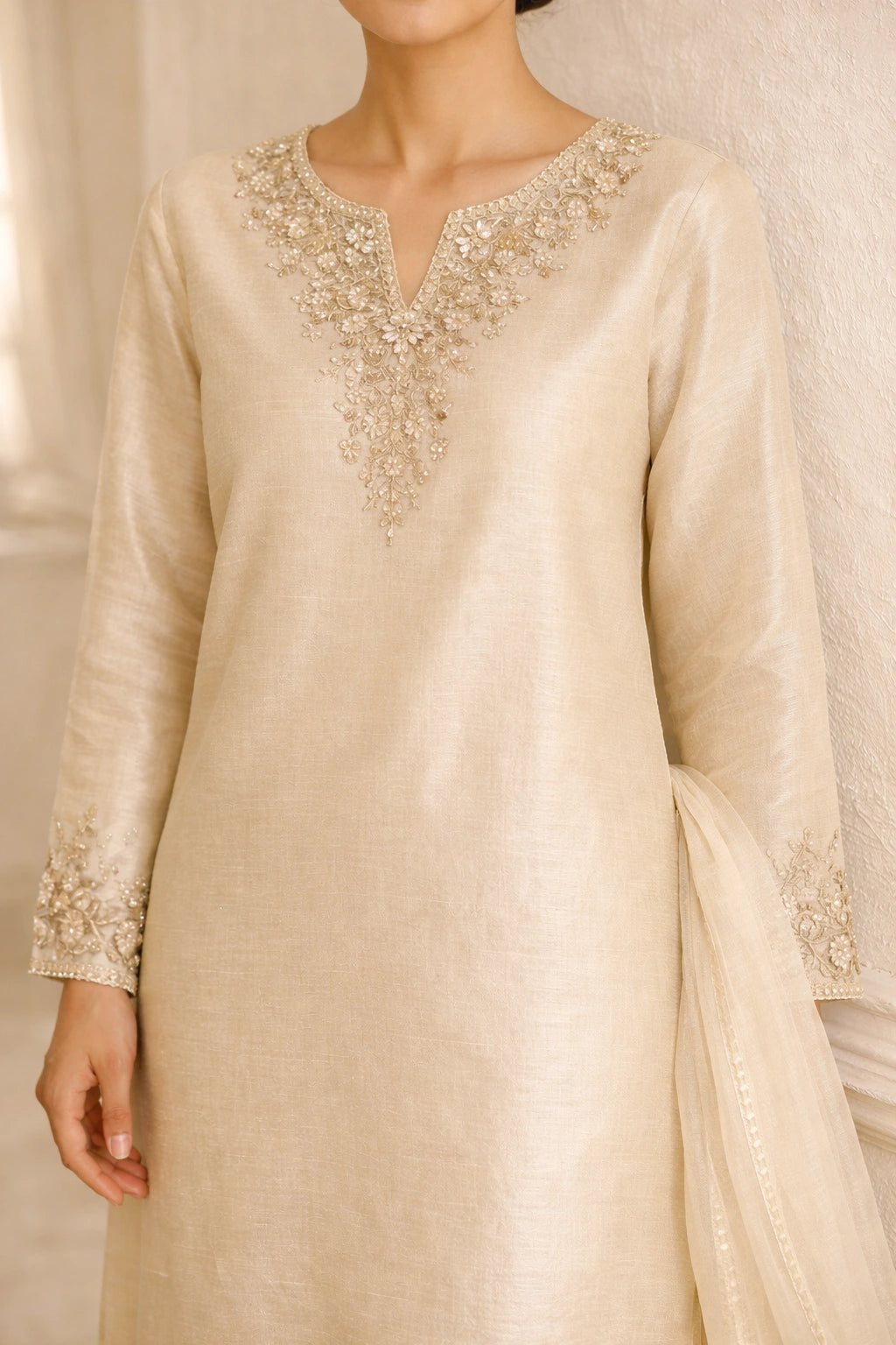 “Miraam Gulbahaar Noor Ivory pure raw silk festive outfit with delicate embroidered neckline and sheer dupatta”