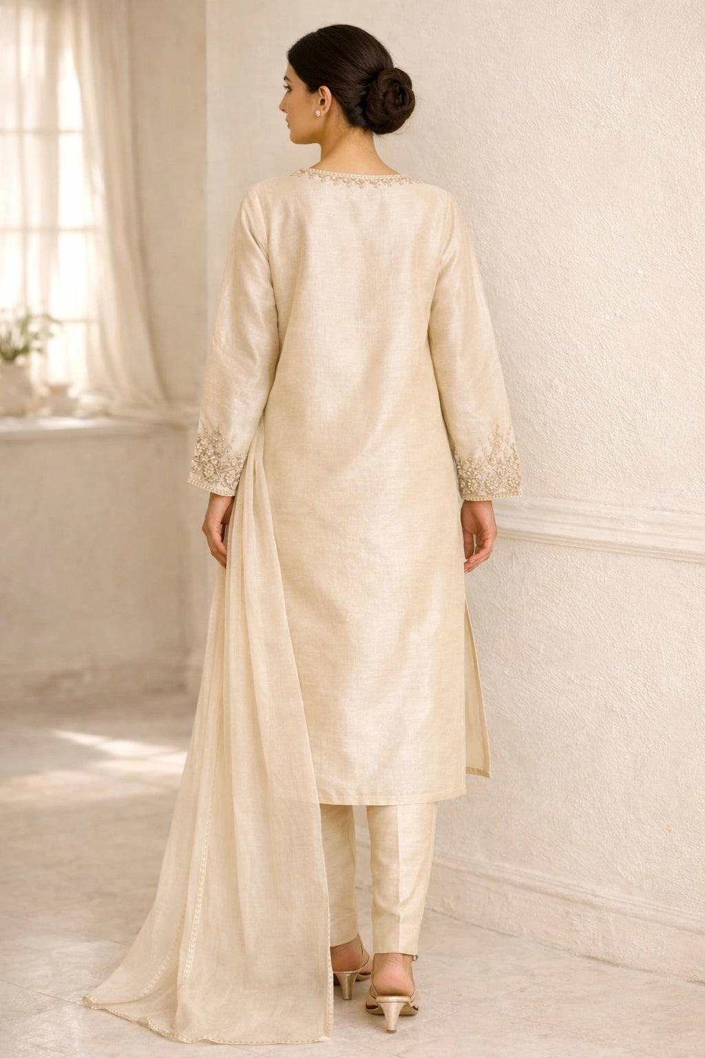 “Miraam Gulbahaar Noor Ivory pure raw silk festive outfit with delicate embroidered neckline and sheer dupatta”