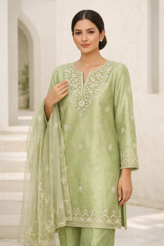 “Miraam Gulbahaar Zaitoon Mint pure raw silk festive outfit with delicate embroidery and sheer dupatta”