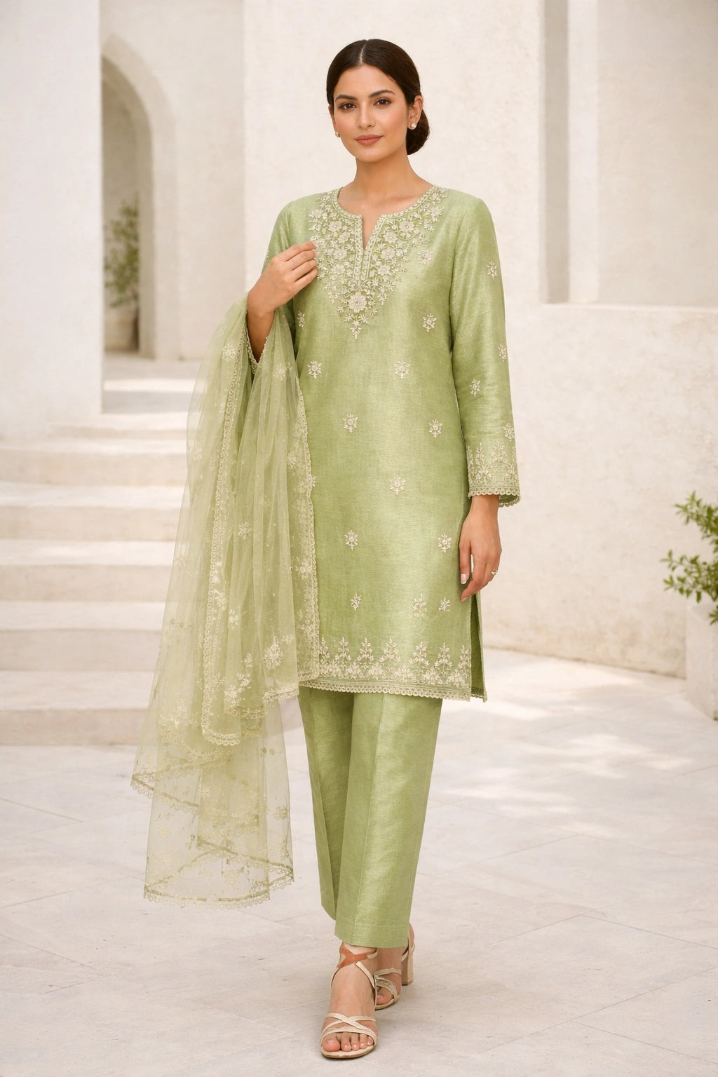 “Miraam Gulbahaar Zaitoon Mint pure raw silk festive outfit with delicate embroidery and sheer dupatta”