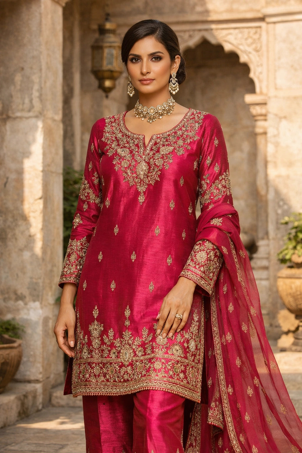 “Gulbahaar Zareen Rose Pink pure raw silk festive outfit with intricate embroidery and embroidered dupatta by Miraam”