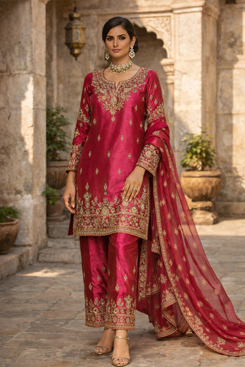 “Gulbahaar Zareen Rose Pink pure raw silk festive outfit with intricate embroidery and embroidered dupatta by Miraam”
