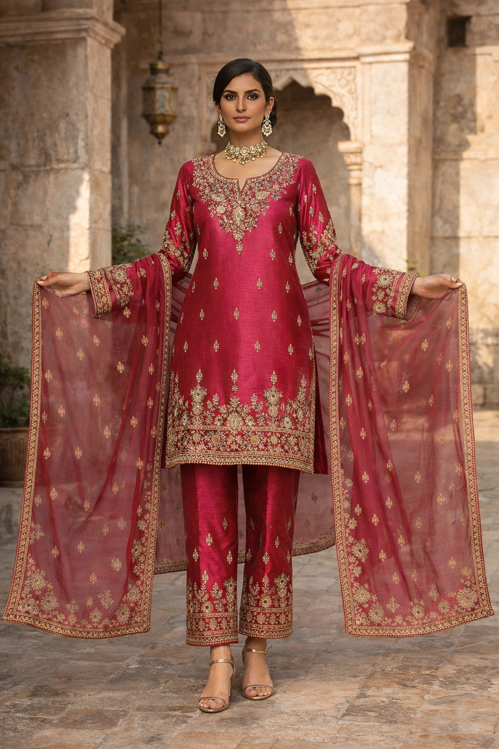 “Gulbahaar Zareen Rose Pink pure raw silk festive outfit with intricate embroidery and embroidered dupatta by Miraam”