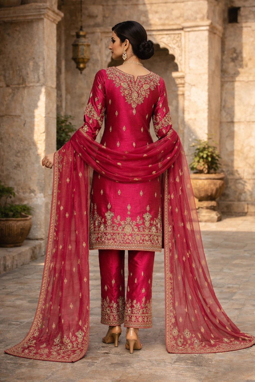 “Gulbahaar Zareen Rose Pink pure raw silk festive outfit with intricate embroidery and embroidered dupatta by Miraam”