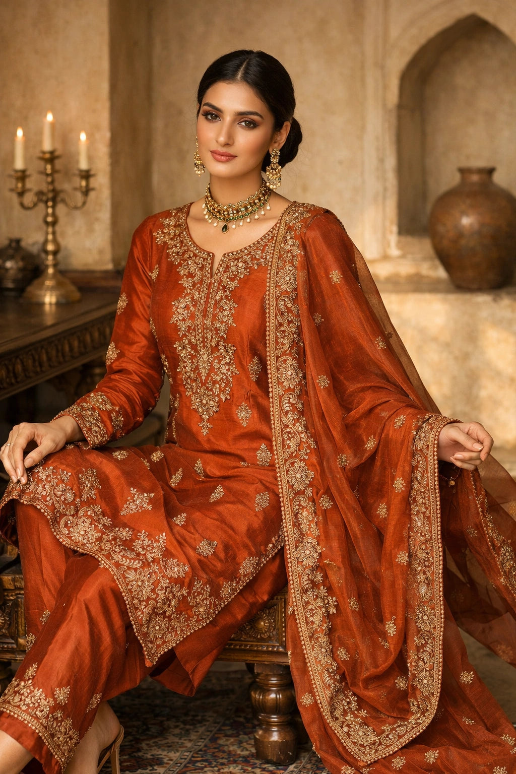 “Gulbahaar Zareen Rust pure raw silk festive outfit with intricate embroidery and sheer dupatta by Miraam”