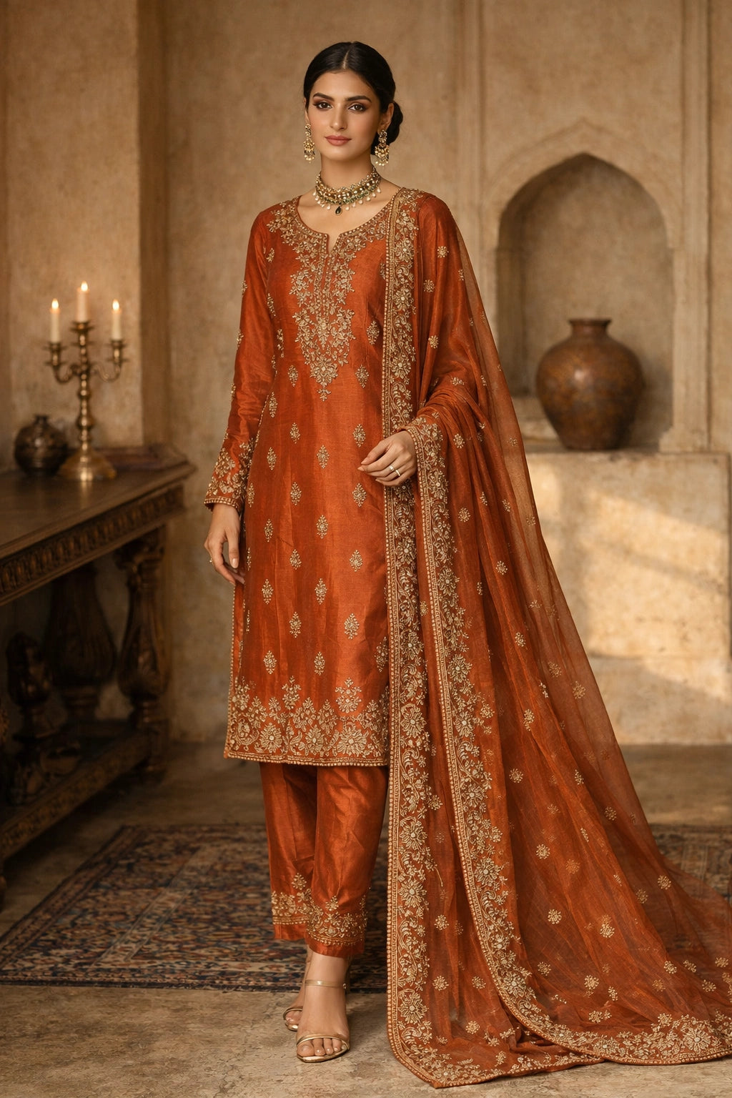 “Gulbahaar Zareen Rust pure raw silk festive outfit with intricate embroidery and sheer dupatta by Miraam”