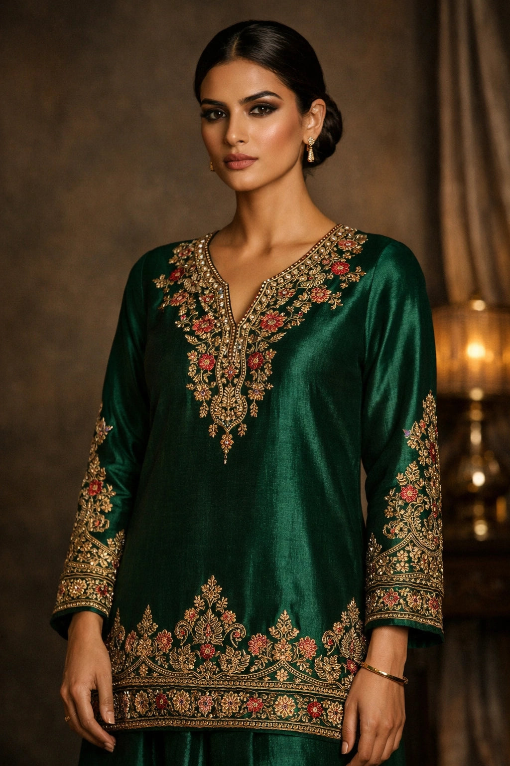 “Gulbahaar Zumarud Green pure raw silk festive formal outfit with intricate embroidery and sheer dupatta by Miraam”