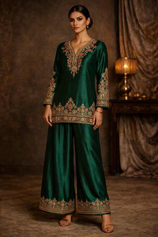 “Gulbahaar Zumarud Green pure raw silk festive formal outfit with intricate embroidery and sheer dupatta by Miraam”