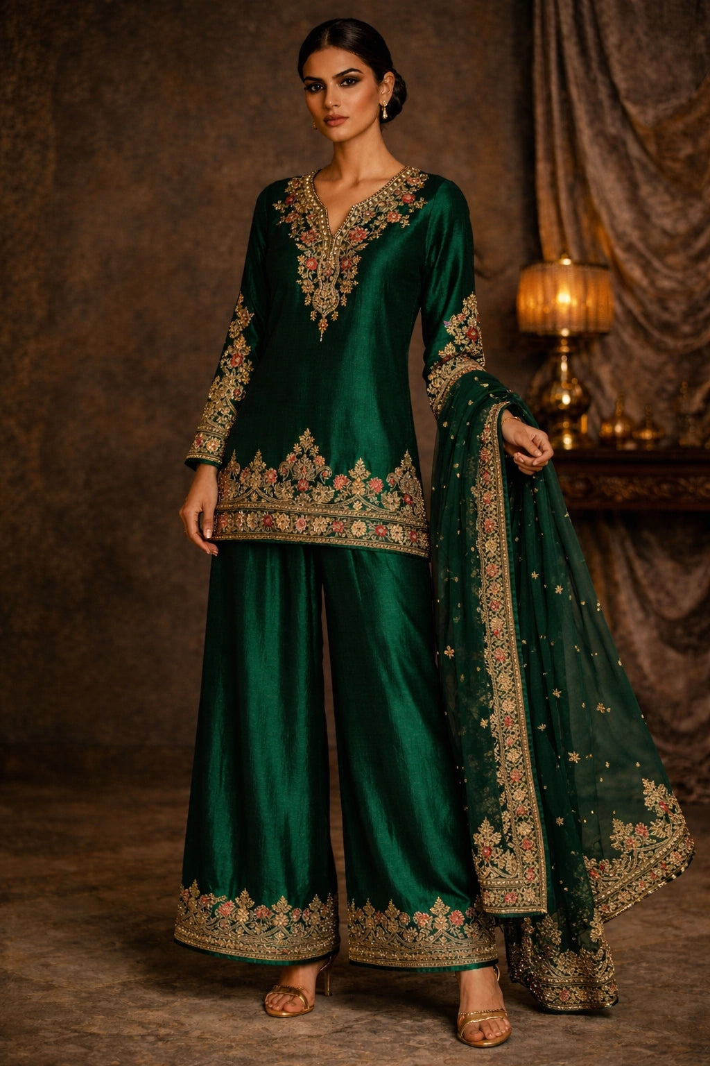 “Gulbahaar Zumarud Green pure raw silk festive formal outfit with intricate embroidery and sheer dupatta by Miraam”
