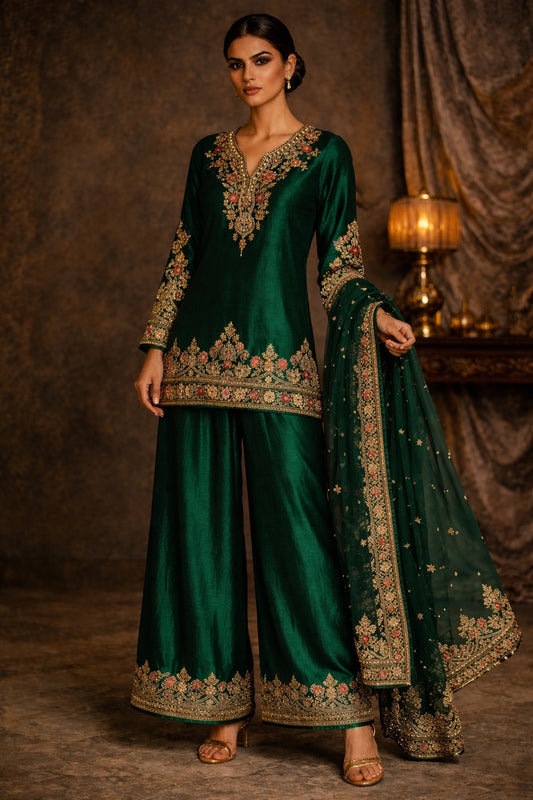 “Gulbahaar Zumarud Green pure raw silk festive formal outfit with intricate embroidery and sheer dupatta by Miraam”