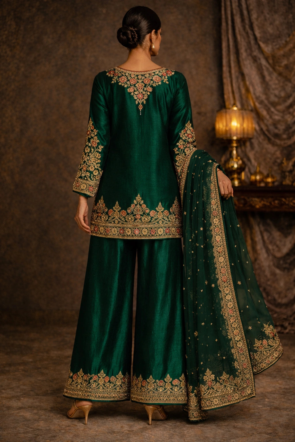 “Gulbahaar Zumarud Green pure raw silk festive formal outfit with intricate embroidery and sheer dupatta by Miraam”