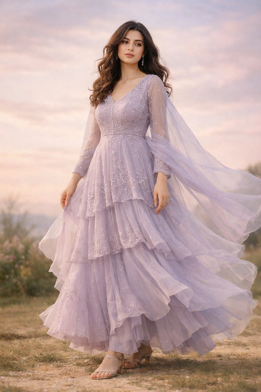 Lilac chiffon layered long dress with flowing tiers and dupatta, Pakistani luxury pastel formal wear
