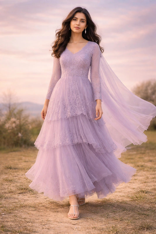 Lilac chiffon layered long dress with flowing tiers and dupatta, Pakistani luxury pastel formal wear