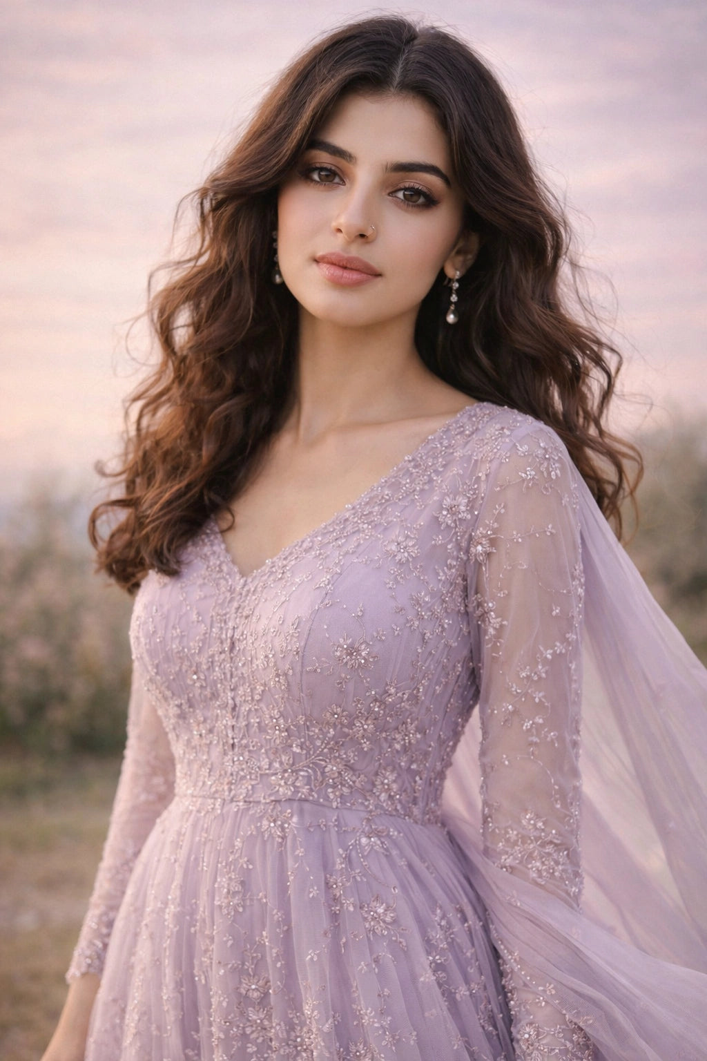 Lilac chiffon layered long dress with flowing tiers and dupatta, Pakistani luxury pastel formal wear