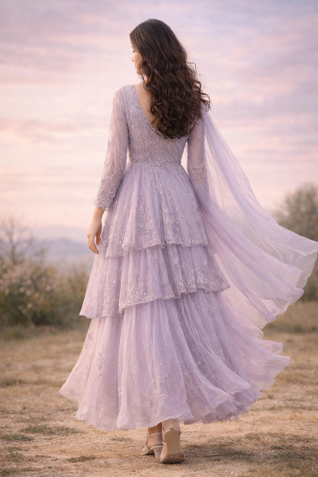 Lilac chiffon layered long dress with flowing tiers and dupatta, Pakistani luxury pastel formal wear