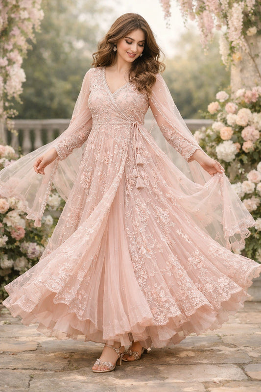 Blush pink net angrakha dress with floral embroidery and flared silhouette, Pakistani luxury festive wear