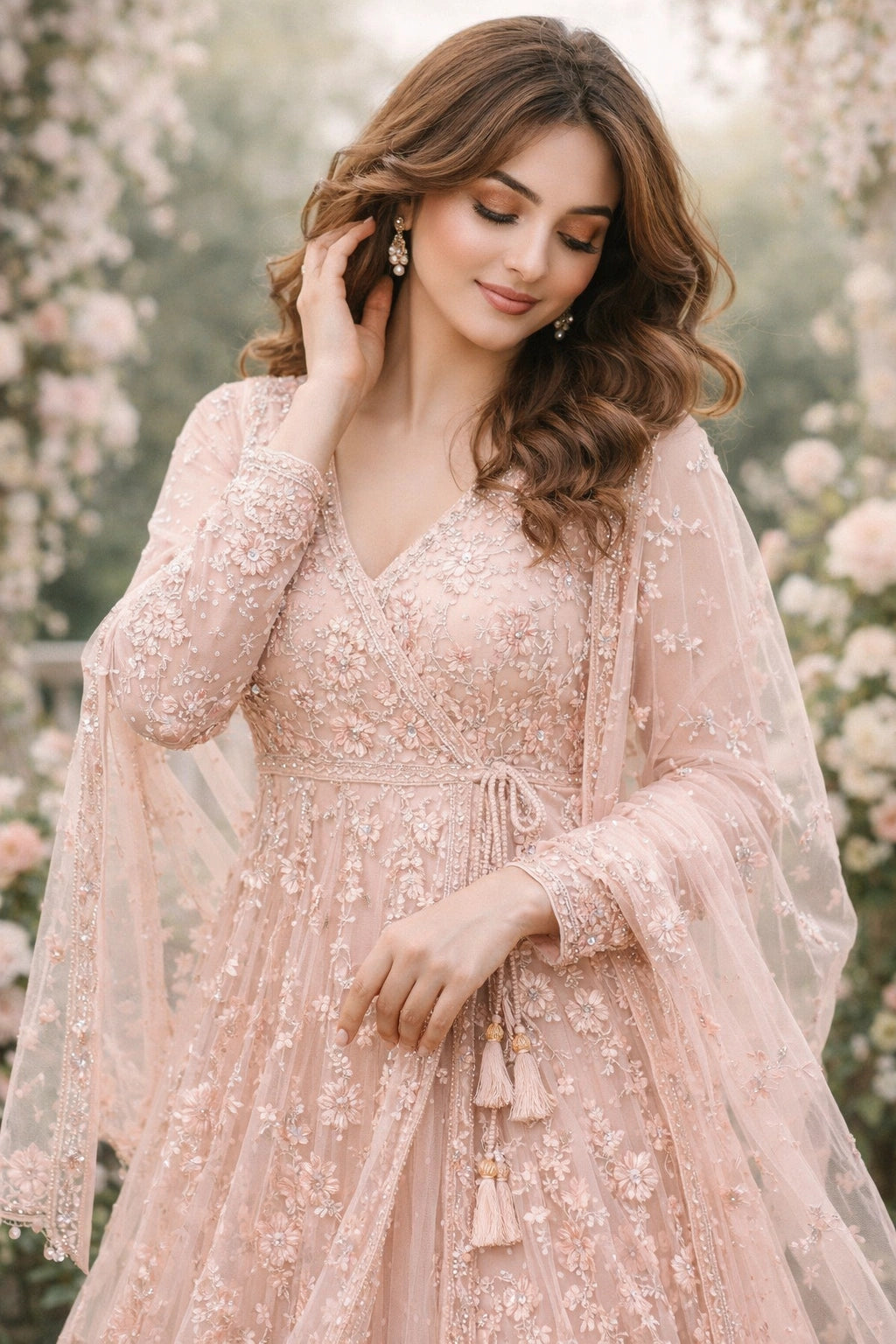 Blush pink net angrakha dress with floral embroidery and flared silhouette, Pakistani luxury festive wear