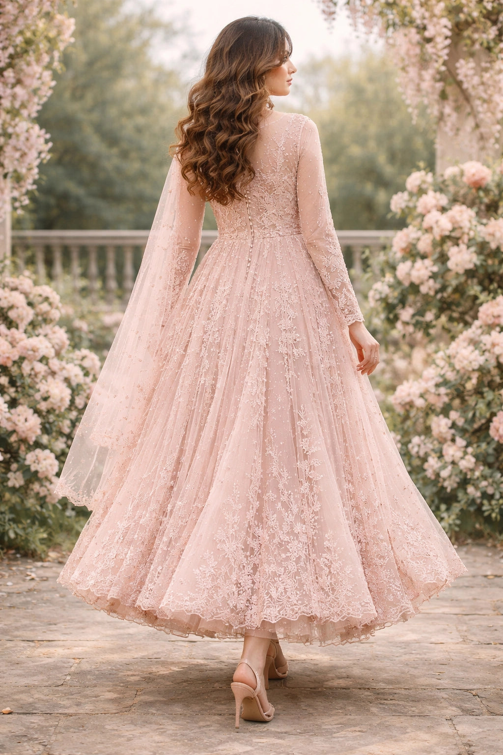 Blush pink net angrakha dress with floral embroidery and flared silhouette, Pakistani luxury festive wear